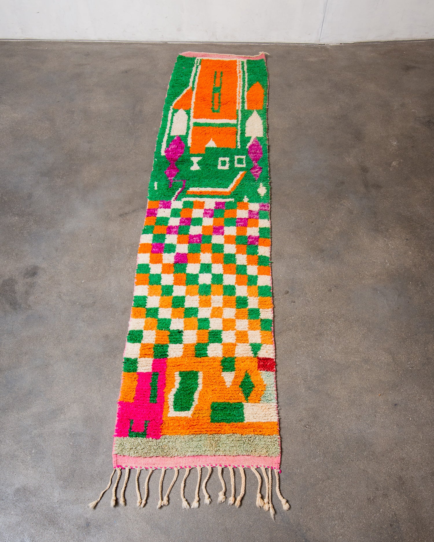 Modern, designer, handcrafted Berber runner rug from Morocco. Vintage carpet with beautiful colours and patterns and fluffy texture.